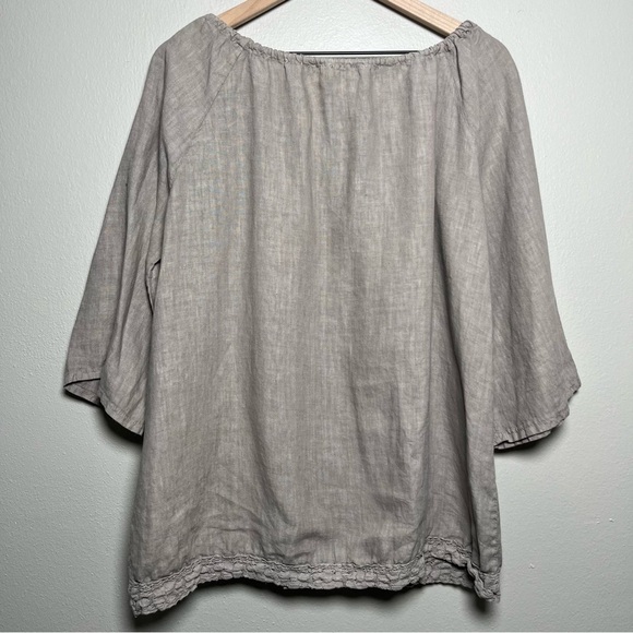 Cosmo Women 100% Linen Top Small Tan Oversized Coastal Lagenlook Tie Neck Scoop - Picture 9 of 10